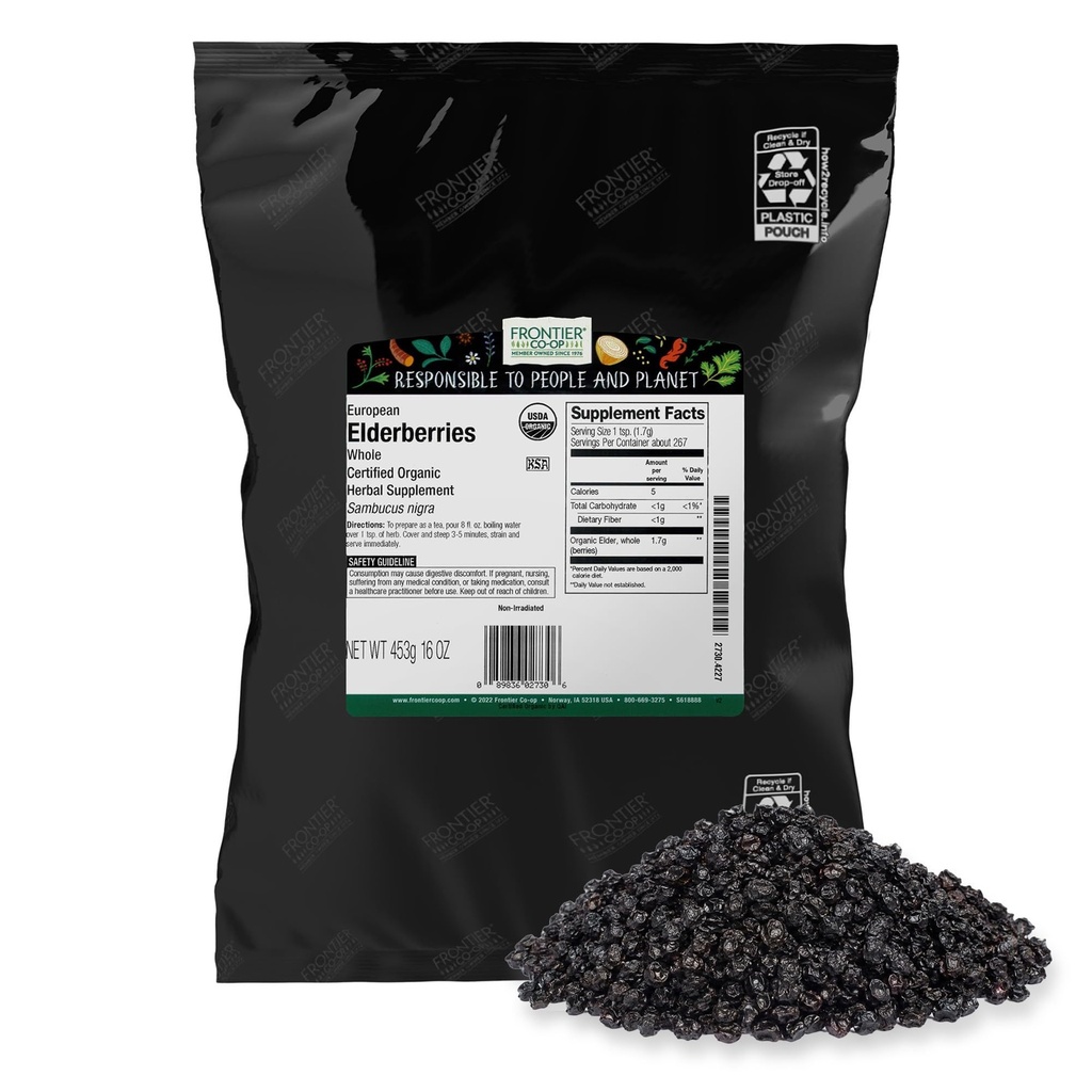 Frontier Co-op Organic Dried Elderberries, 1lb Bulk Bag, European Whole | Kosher och Non-GMO Organic Elderberry Berries Dried, för Tea, Immune Support