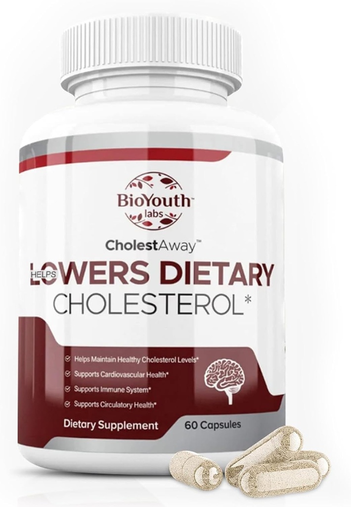 BioYouth Labs Natural Cholesterol Lägre Support Supplement för vuxna - Nutritious Blend of Garlic, Berberine, Coca Extract & Soy Lecithin - 60 kapslar