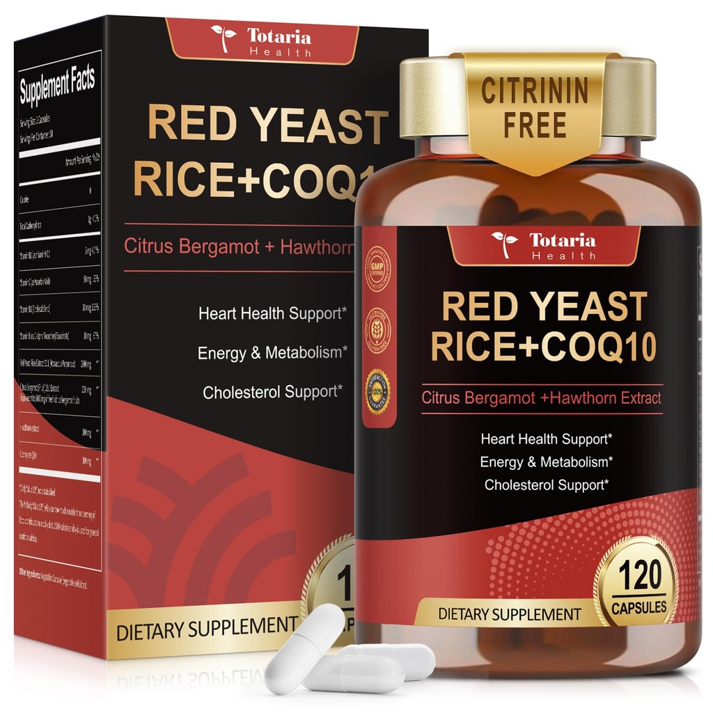 Red Yeast Rice 2,000mg med CoQ10 Supplement - Citrinin Free Extract Red Yeast Rice Capsules med CoQ10 100 Plus Citrus Bergamot - Cholesterol Lowering Supplements 3rd-Party Tested Vegan Non-GMO