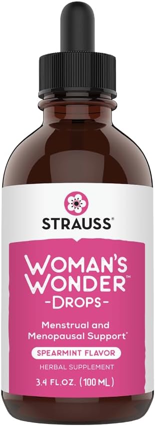 Strauss Heartdrops Woman's Wonder Drops; Menstrual & Menopausal Support Supplement i Spearmint smak, naturlig formel, glutenfri, sojafri, icke-GMO, 3.4oz Bottle