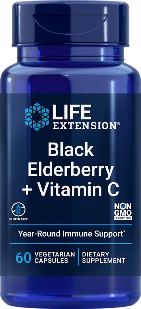 Life Extension Black Elderberry + Vitamin C, Everyday Immune Support från Elderberry & Vitamin C, Gluten Free, Non-GMO, Vegetarian, 60 Capsules