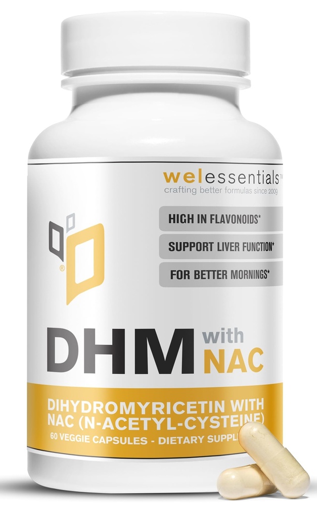 Dihydromyricetin DHM med NAC - 650mg x 60 kapslar - 300mg N-Acetyl-Cysteine, 350mg Dihydromyricetin - Max Strength Dietary Supplement for Liver Support, Hydration