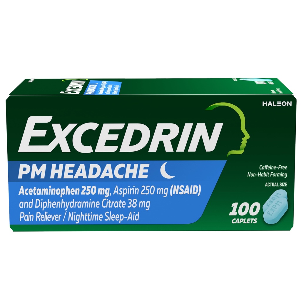 Excedrin PM för Headache Relief, Acetaminophen 250mg, Aspirin 250mg, Diphenhydramine Citrate 38mg, Pain Reliever, Nighttime Sleep-Aid, 100 Count