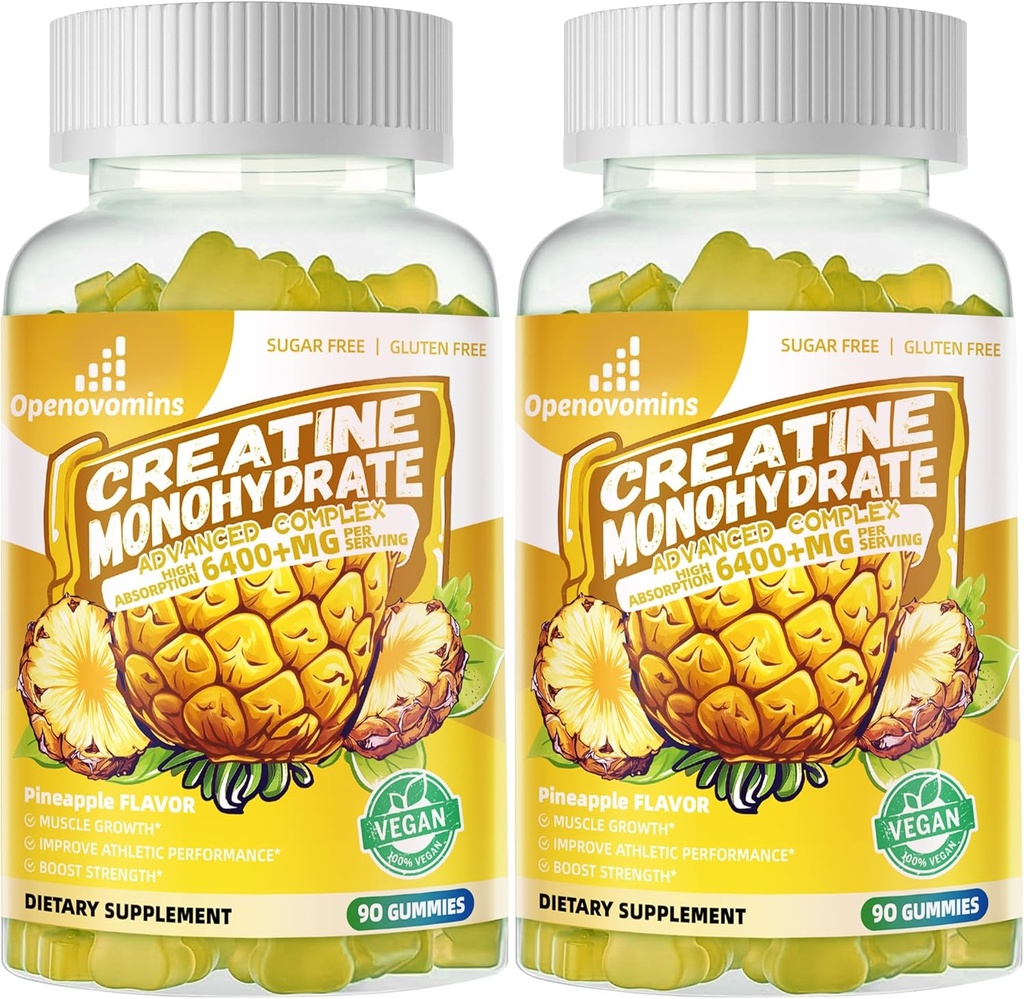 Kreatinmonohydrat Gummies Komplex för män och kvinnor -Avancerad Formel W/L-Taurin + Vitamin B12, Sugar Gratis Chewable Supplement,180 Pineapple Gummies 2pack