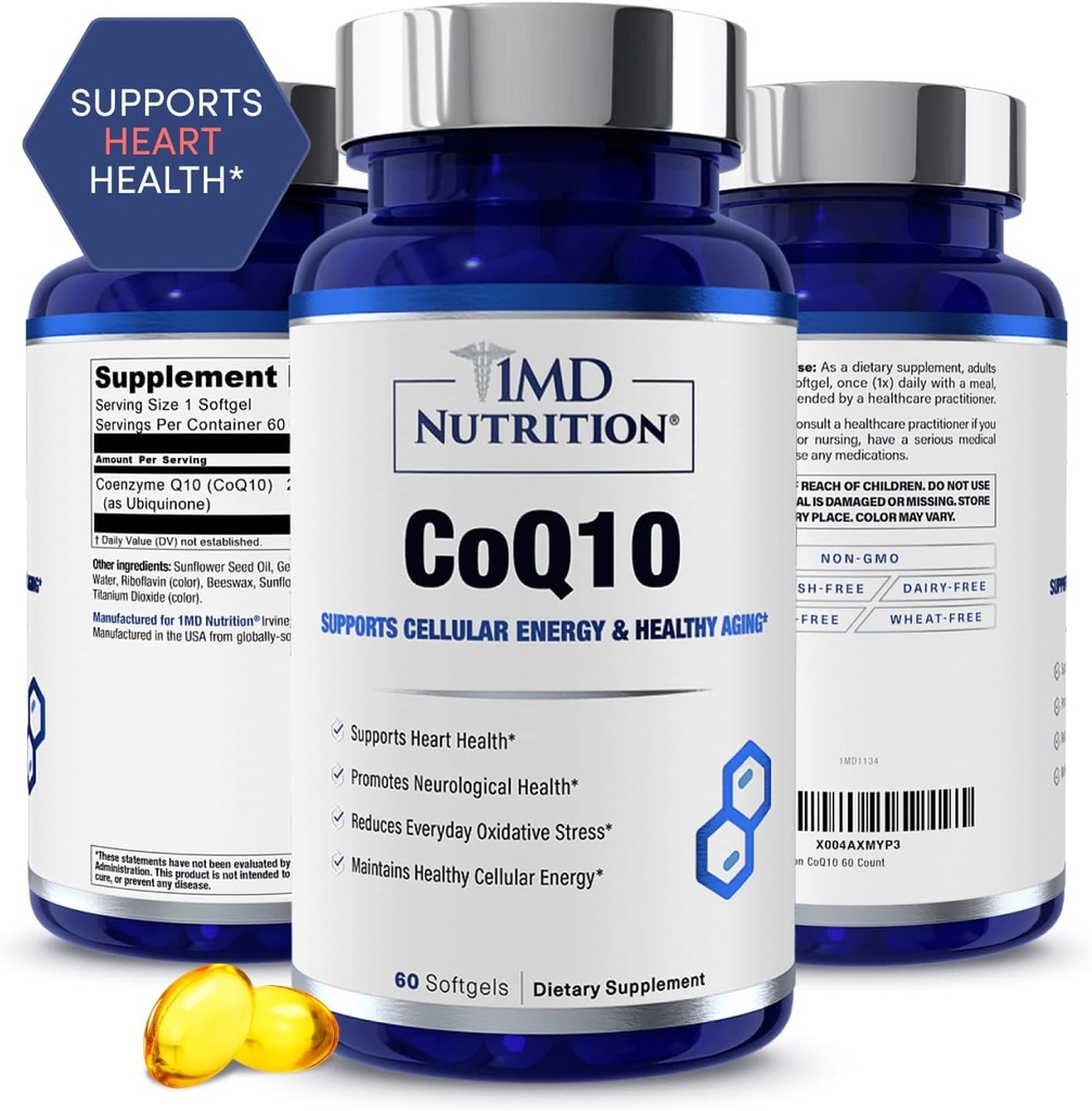 1MD Nutrition CoQ10 - för hjärthälsa och cellulär energiproduktion - Hälsotillskott för män och kvinnor - Coenzyme Q10 Softgel - 60 dagar