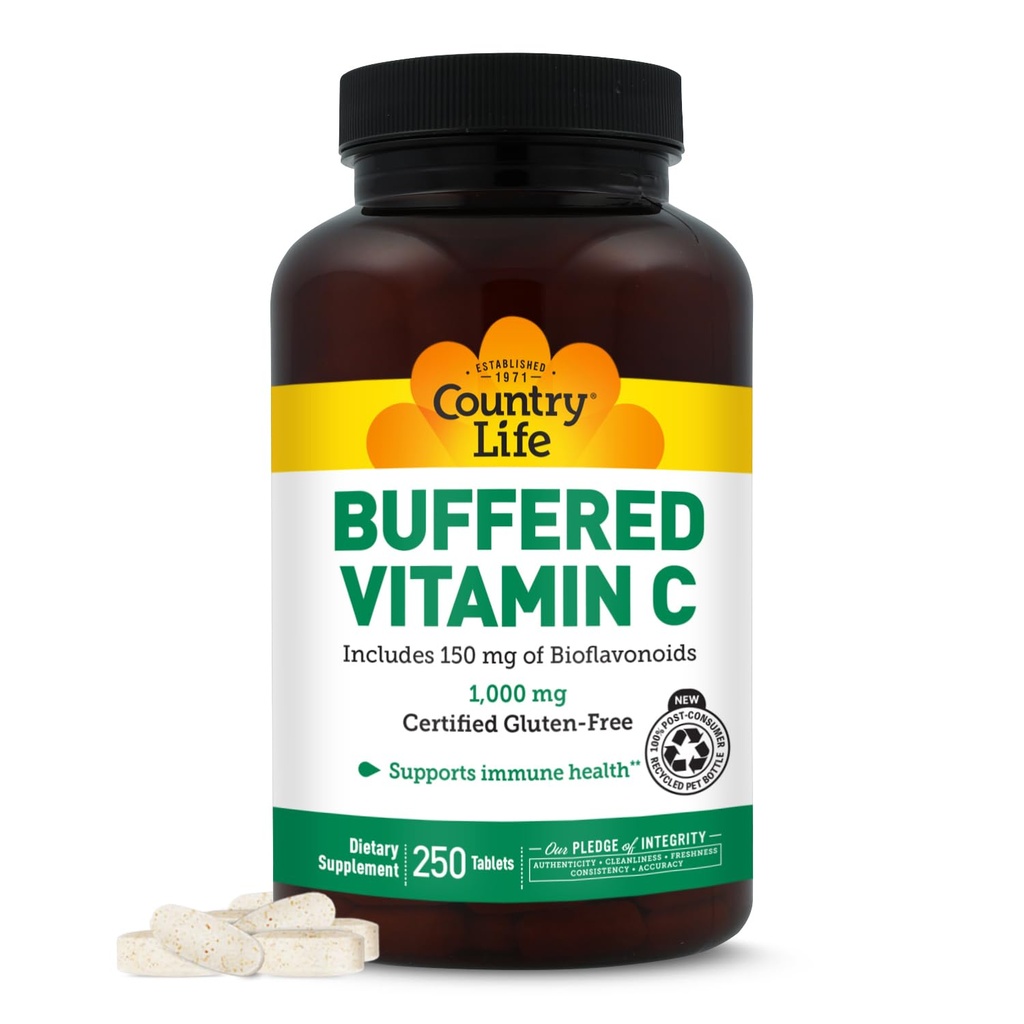 Country Life Buffered Vitamin C 1000mg med Bioflavonoider, Calcium, Magnesium, Kalium - Immun Support, Vegan Capsules, Gluten-Free, Gentle på mage - 250 tabletter