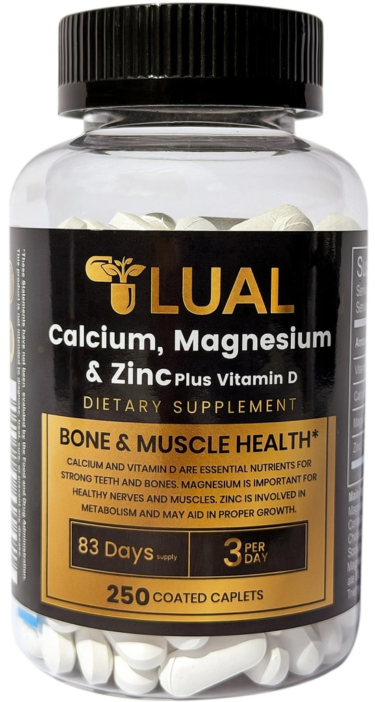 LUAL Calcium, Magnesium, Zink & Vitamin D3 Calcium, Magnesium & Zink Plus Vitamin D3 Caplets Dietary Supplement, 250 Count