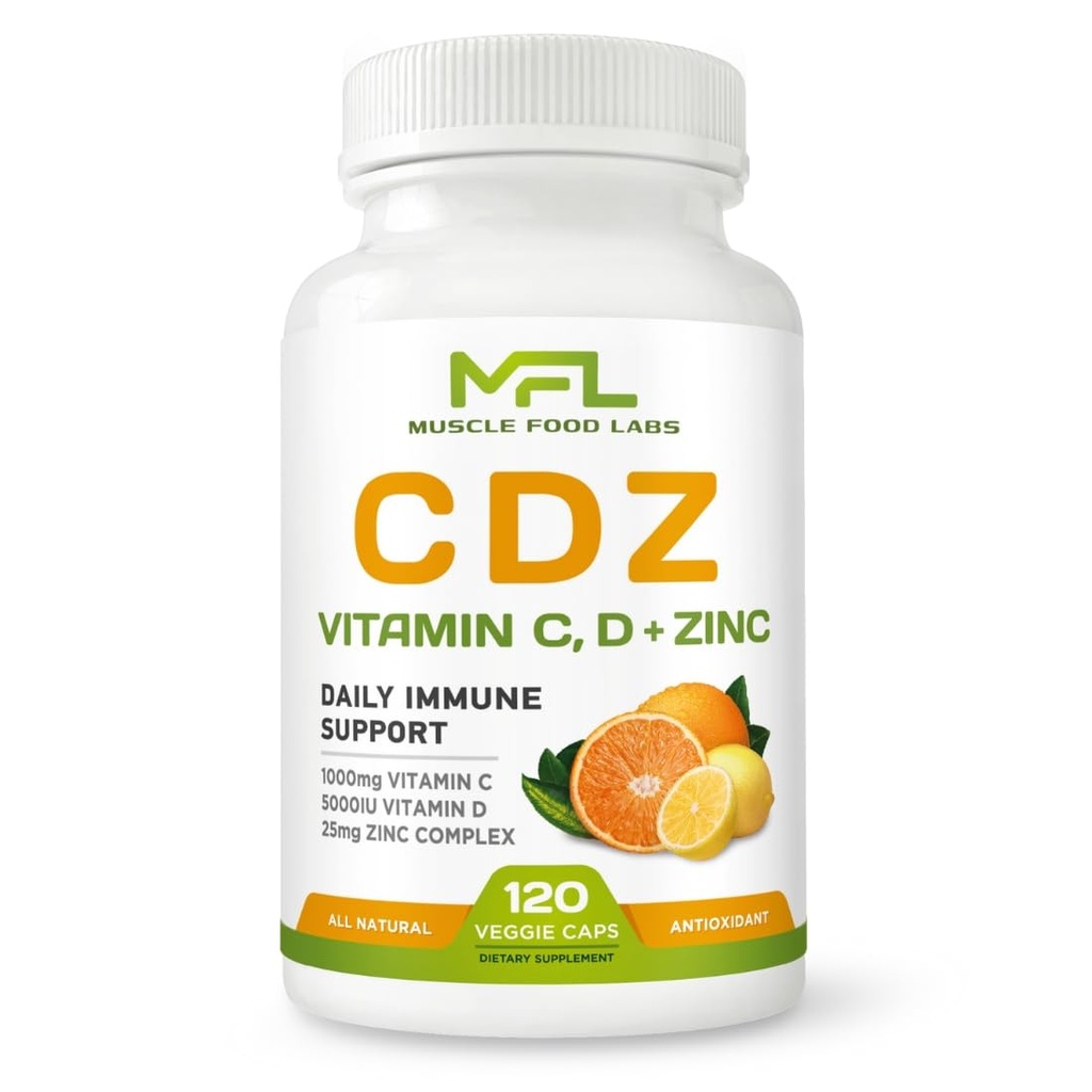 C D Z | Vitamin C, 1000mg | Vitamin D3, 125mcg | Zink, 25mg | Non-GMO & Gluten Free | 120 Vegetariska kapslar | 120 portioner