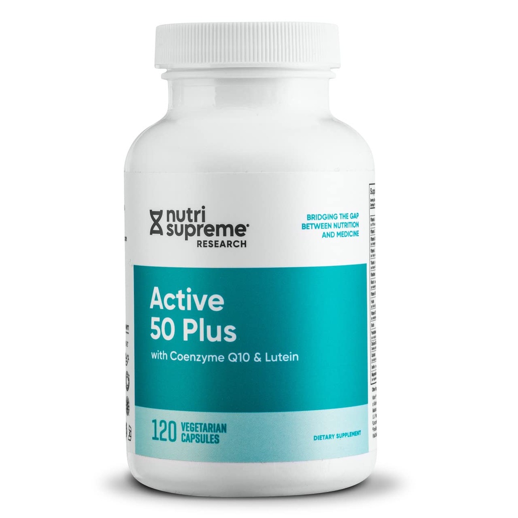 Nutri Supreme Active 50 Plus, CoQ10, Lutein, ALA och gurkmeja, avancerad formel för hälsosam åldrande och vitalitet, 120 grönsaks kapslar