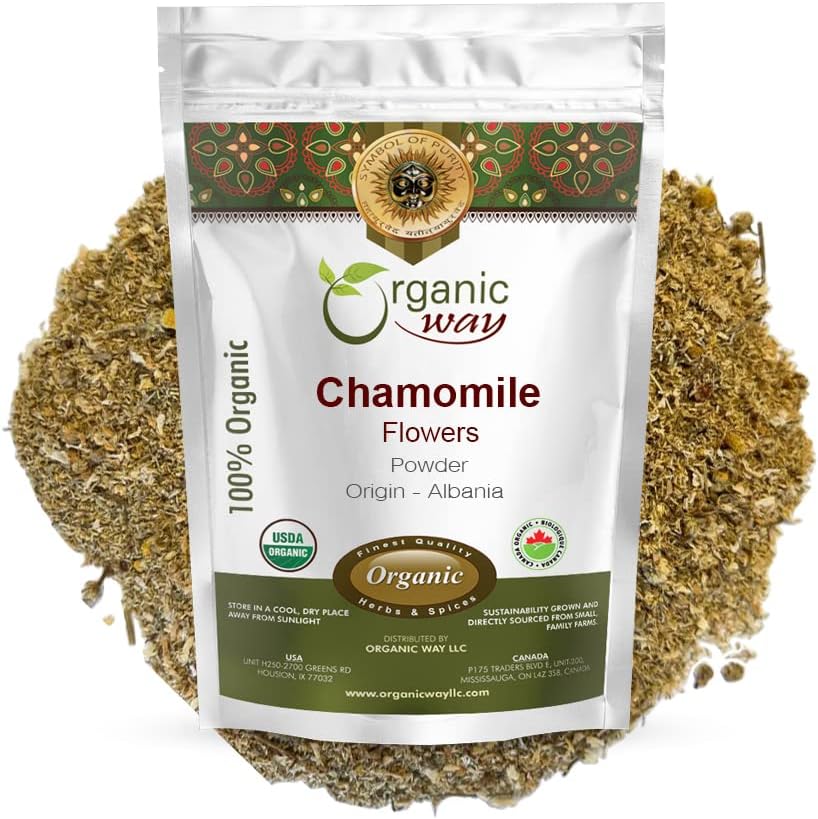 Organic Way Chamomile Flowers Powder (Matricaria chamomilla) Herbal Tea - European Wild-Harvest | Organic & Kosher Certified | Non GMO | USDA Certified | Origin - Albanien (1/4 LB - 4 Oz)