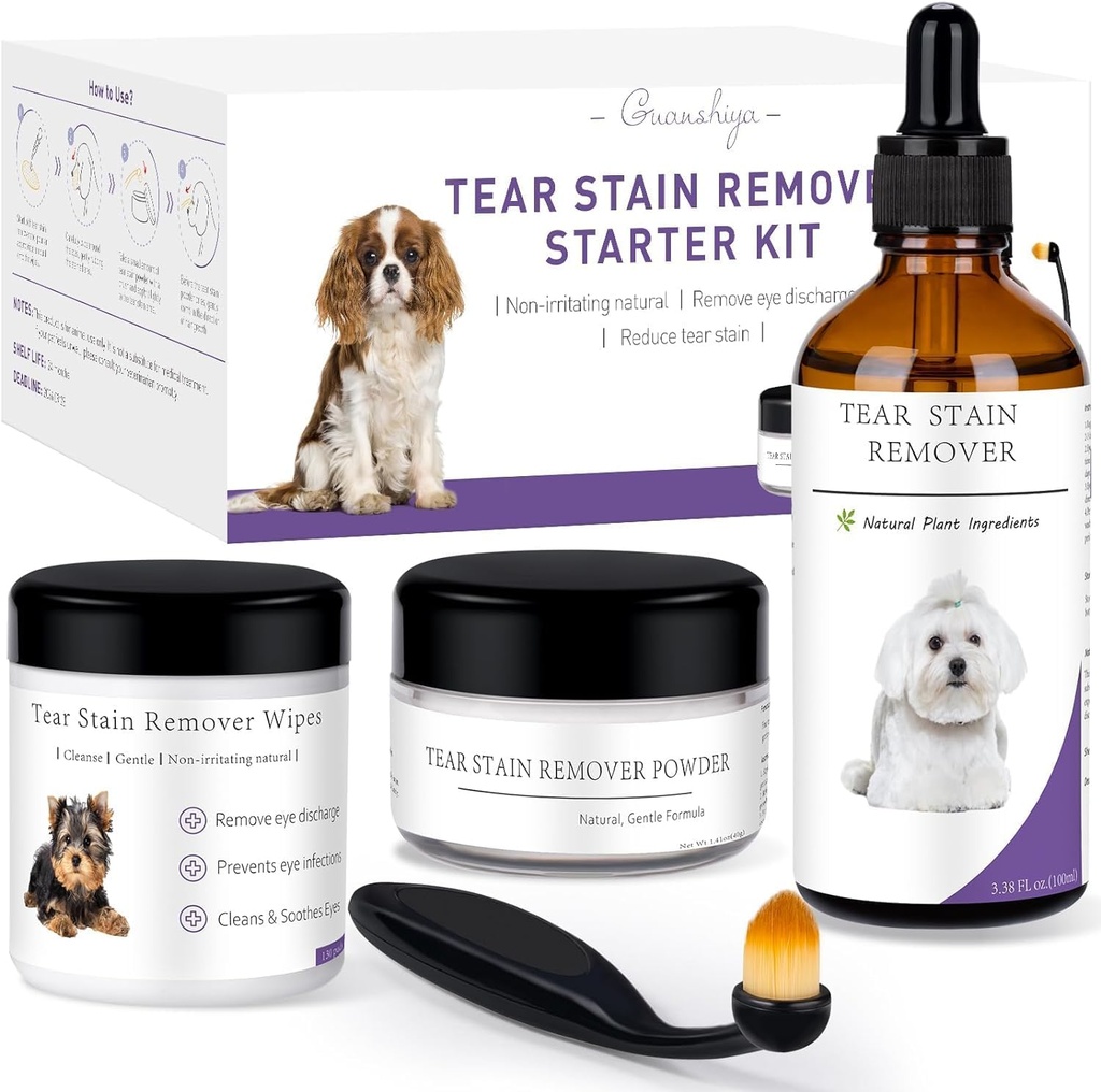 Dog Tear Stain Remover Starter Kit-Tear Stain Remover för hundar Gently att ta bort Tear Stains, Discharge & Mucus- Inkluderar Stain Solution, Applicator Pads, Stain Powder & Brush- Varar 30-45 dagar