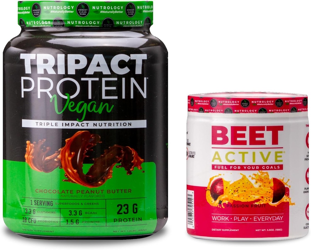 Nutrology TRIPACT Vegan Protein Powder, för Vegan Protein Shakes, Chocolate Peanut Butter (20 Servings) & Beet Active, Passion Fruit Flavor (30 Servings)