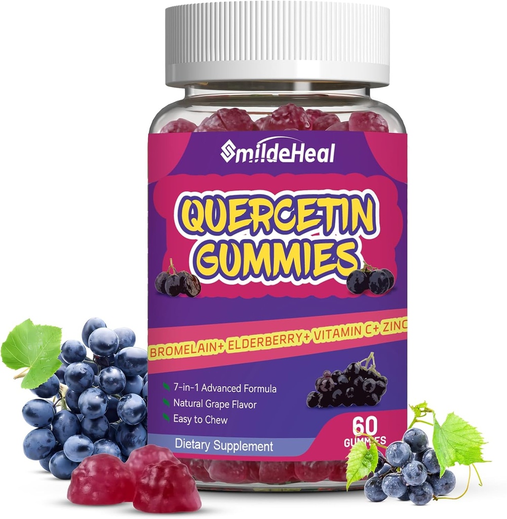 Quercetin Gummies 1200MG, Quercetin Gummies med Bromelain, Zink Vitamin C, Quercetin Supplement Gummies för vuxen och barn, 60 Vegan Gummies