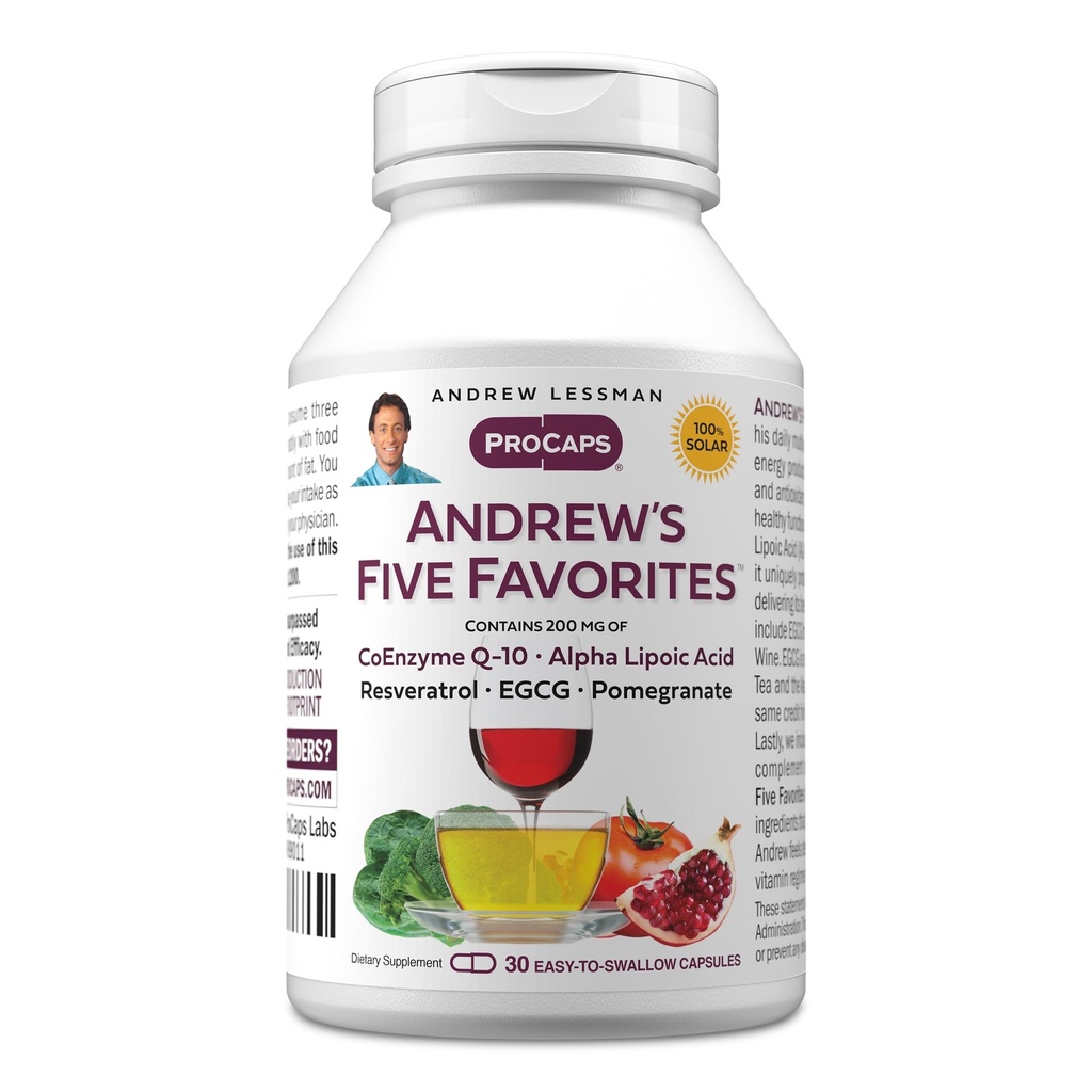 ANDREW LESSMAN Andrews fem favoriter 30 kapslar - Ger 200 mg var och en av Coenzyme Q-10, Resveratrol, EGCG, Pomegranat och Alpha Lipoic Acid, kraftfull anti-Oxidant stöd, inga tillsatser