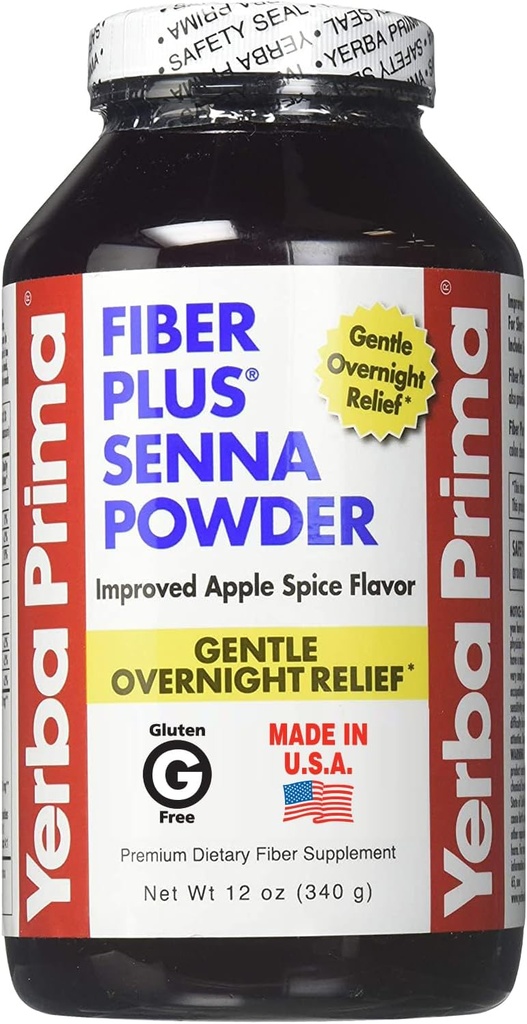Yerba Prima Fiber Plus Senna Powder, 12 Ounce - för kortsiktig användning för att återställa reglering, förbättrad Apple Spice Flavor, Stevia Sweetened, ger Gentle Overnight Relief