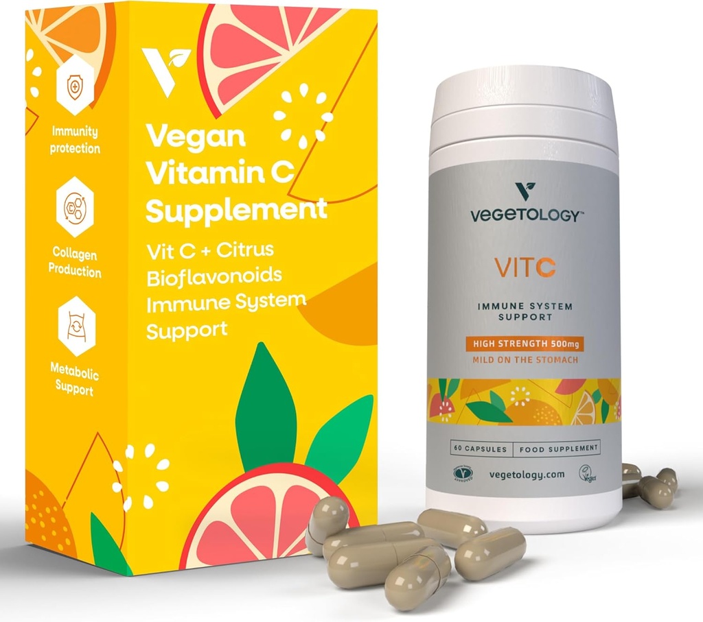 Vegan vitamin C-tillskott - VIT C + Citrus Bioflavonoider - Vitaminer och hälsotillskott - Dagliga tillskott (60 kapslar) - Vitamin C 500mg kapslar - Antioxidanter tillskott