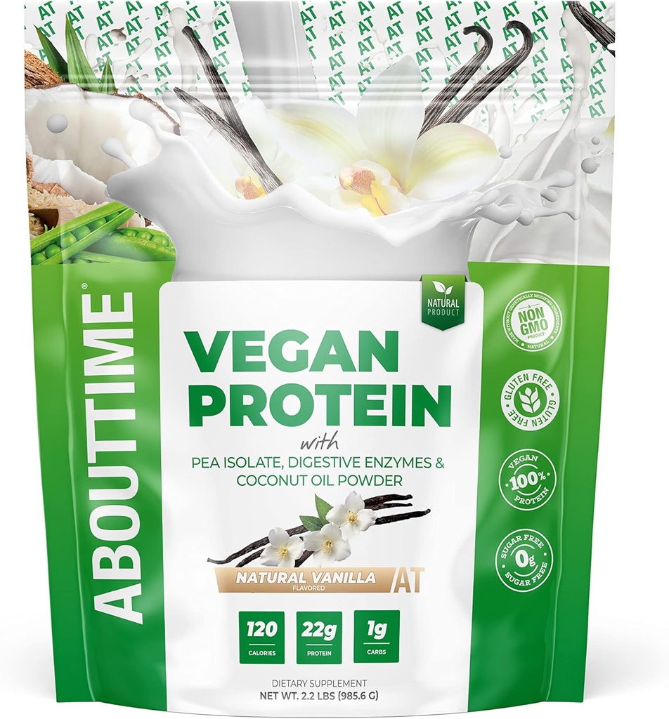 Om Time Vegan Protein Powder 22g Vanilla, naturliga ingredienser, icke-GMO, Plant Based, Gluten Free, Soy Free, Dairy Free, 32 portioner