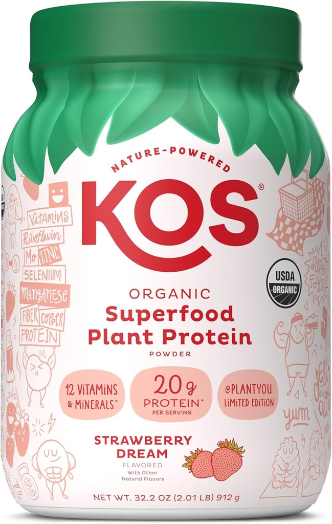 KOS Limited Edition Plant Protein Powder, Strawberry Dream - Organic Pea Protein Blend, Vegan Superfood Rich i vitaminer och mineraler för kvinnor och män - Gjord utan mejeri, Soja, Gluten - 24 portioner