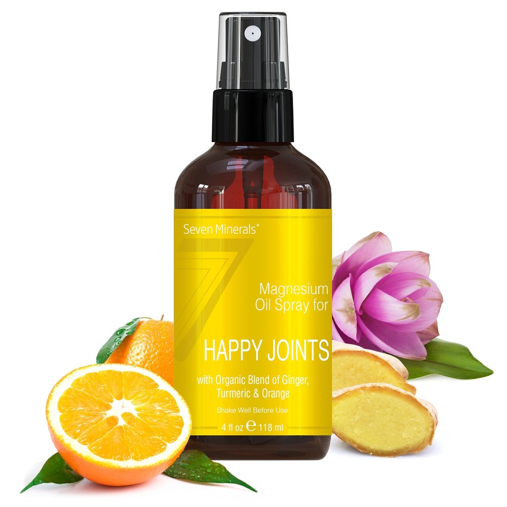 Seven Minerals, Magnesium Happy Joints Spray - Powerful USA Made Magnesium Oil Blend med Essential Oils (Turmeric, Ginger och Orange) - Gratis Ebook Inkluderad (4 oz)