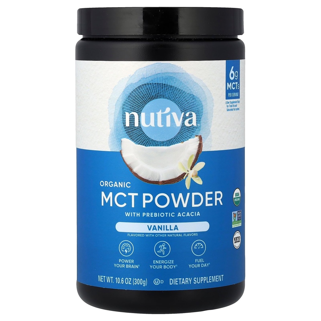 Nutiva Organic MCT Pulver med Prebiotic Acacia Fiber, Vanilla, 10.6 Oz, USDA Organic, Non-GMO, Non-BPA, Vegan, Gluten-Free, Keto & Paleo, Instant Beverage eller Boost to Coffee & Smoothies
