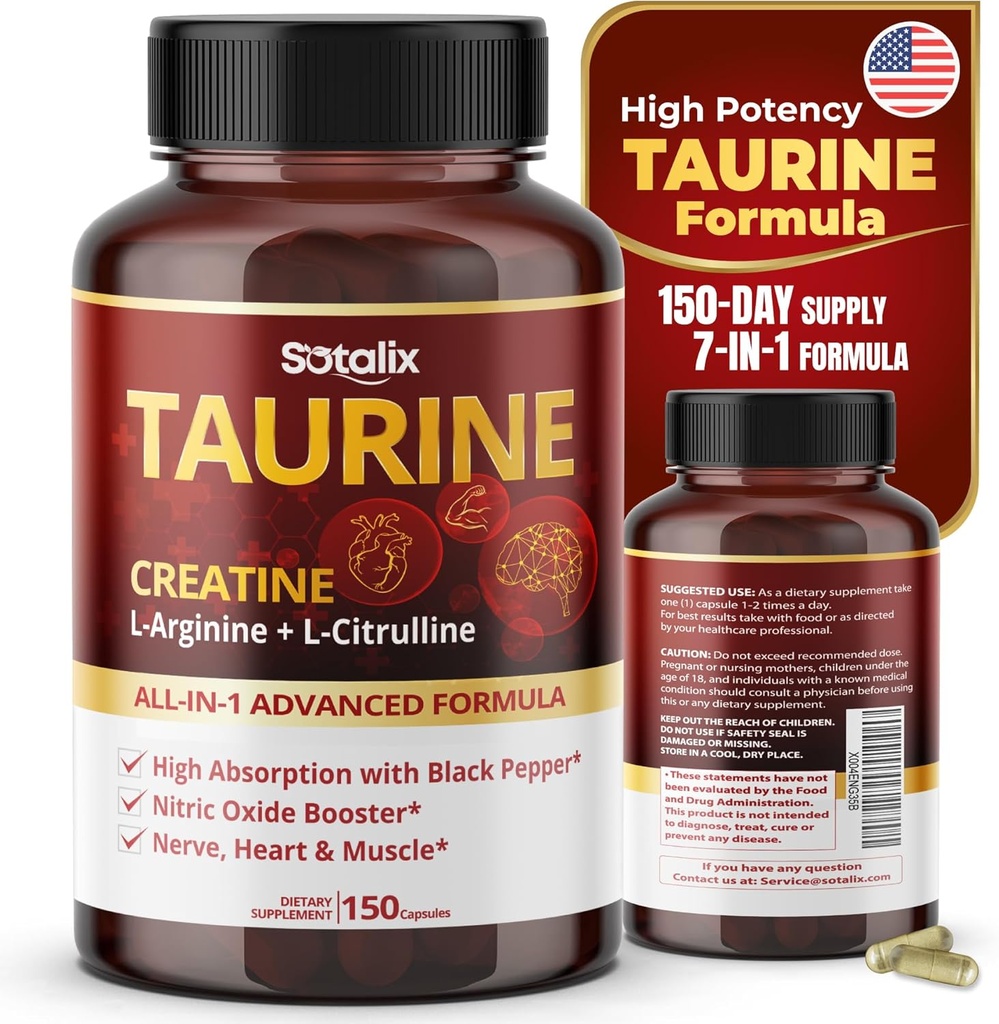 Taurin med kreatin, L-arginin, L-Citrulline High Absorption med Black Pepper Nitric Oxide Booster, Muscle USA Made & Tested (150 greve av 1)