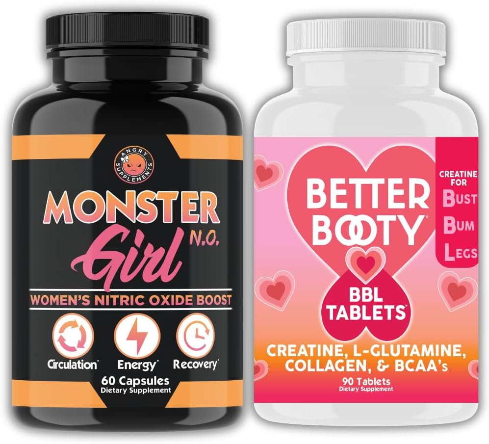 Angry Supplements Women's Workout Bundle: Monster Girl N.O Nitric Oxide Booster 60ct + Creatine Complex Tablets 90ct 2 Bottles Totalt