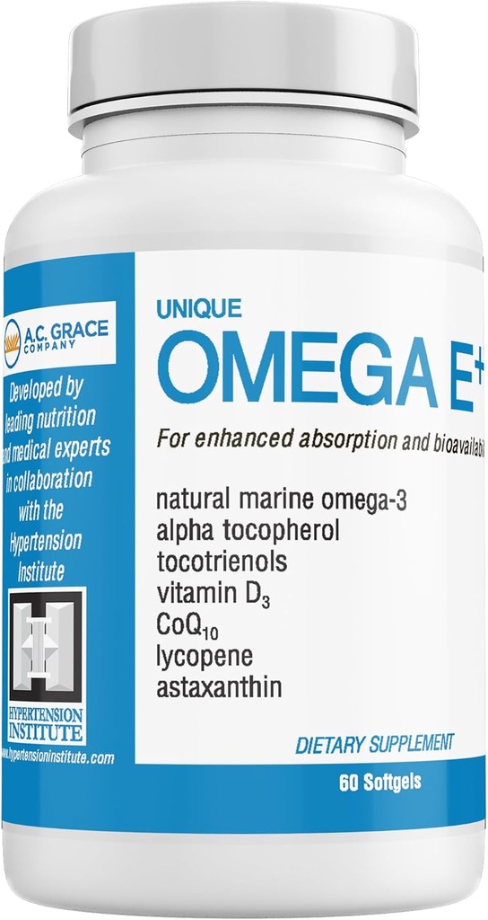 UNIQUE E A.C. Grace Company Omega E + - Fish Oil Supplement - med Marine Omega-3 Fatty Acids, Vitamin E, Vitamin D3 och CoQ10 - Hjälper till att stödja hjärta, hjärna och hudhälsa - 60 Softgels