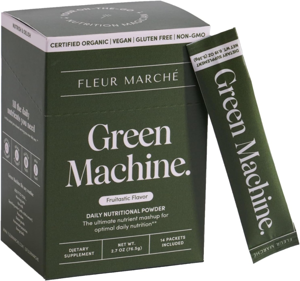 Fleur Marche Green Machine Super Greens Powder Packets - Organic Greens, Fruit & Probiotics - Superfoods for Digestion, Energy, Microbiome Support & Detox - On-The-go Green Juice - 14 Packets