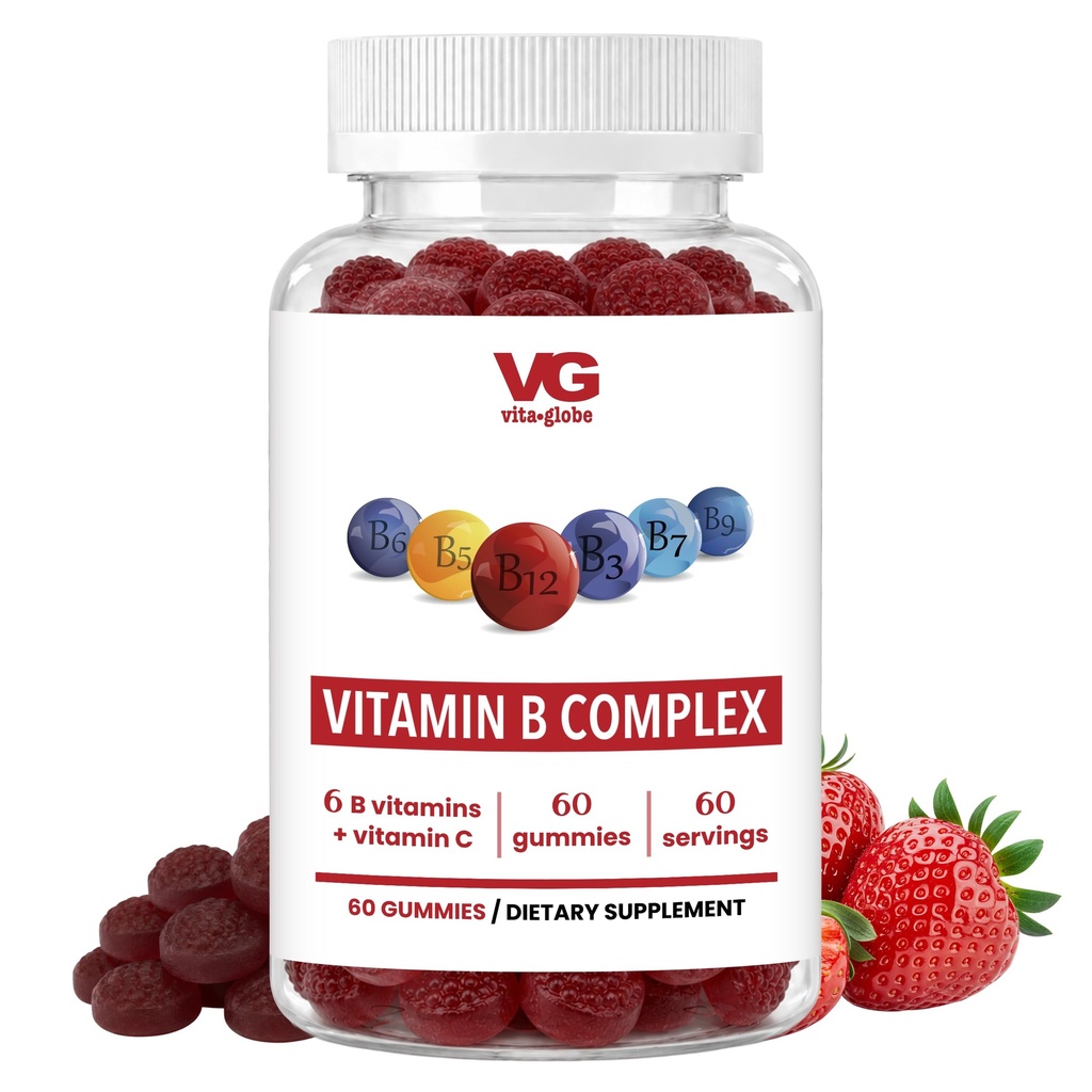 VITA GLOBE B Complex Gummy Vitamins - Jordgubbsmak med vitamin C, Niacin, B6, B12 & Biotin | Dagligt tillskott för energi, metabolism och kognitivt stöd | 60 Gummies (Pack av 1)