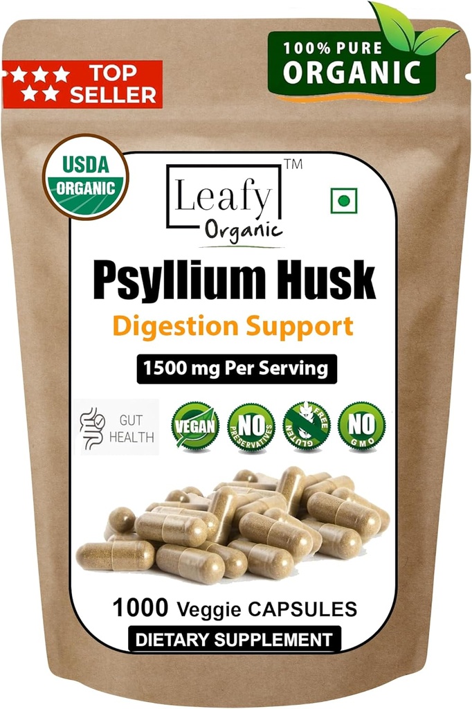 Psyllium Husk 1500mg Per Servering, 1000 kapslar - Dubbel styrka - Premium Psyllium Fiber Supplement - Bra för matsmältning och regelbundenhet - 100% naturlig löslig fiber