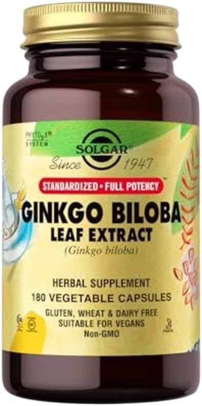 Solgar Ginkgo Biloba Leaf Extract - 180 Vegetable Capsules - Standardized Full Potency (SFP) - Non-GMO, Vegan, Gluten Free, Dairy Free, Kosher, Halal - 180 portioner