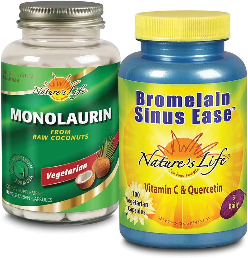 Naturens liv Monolaurin & Bromelain Sinus Ease Bundle | Hälsosam immunfunktion och andningsstöd | 90ct, 100ct