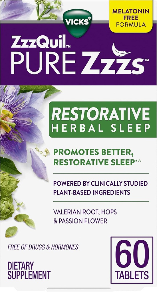 ZzzQuil PURE Zzzs Restorative Herbal Sleep, Tablets, fri från droger och hormoner, Melatonin-Free Formel, Valerian Root, Hops, Passion Flower, Sleep Aids för vuxna, 60 Count