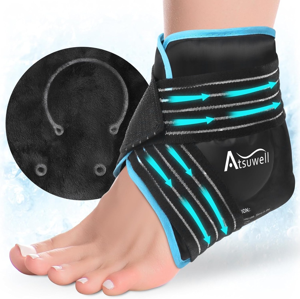 Atsuwell Ankle Ice Pack Wrap, Återanvändbar Gel Ice Pack för Foot Ankle Heel, Foot Ice Wrap med Soft Plush Lining, Cold Compress Therapy för lugnande obehag, svart