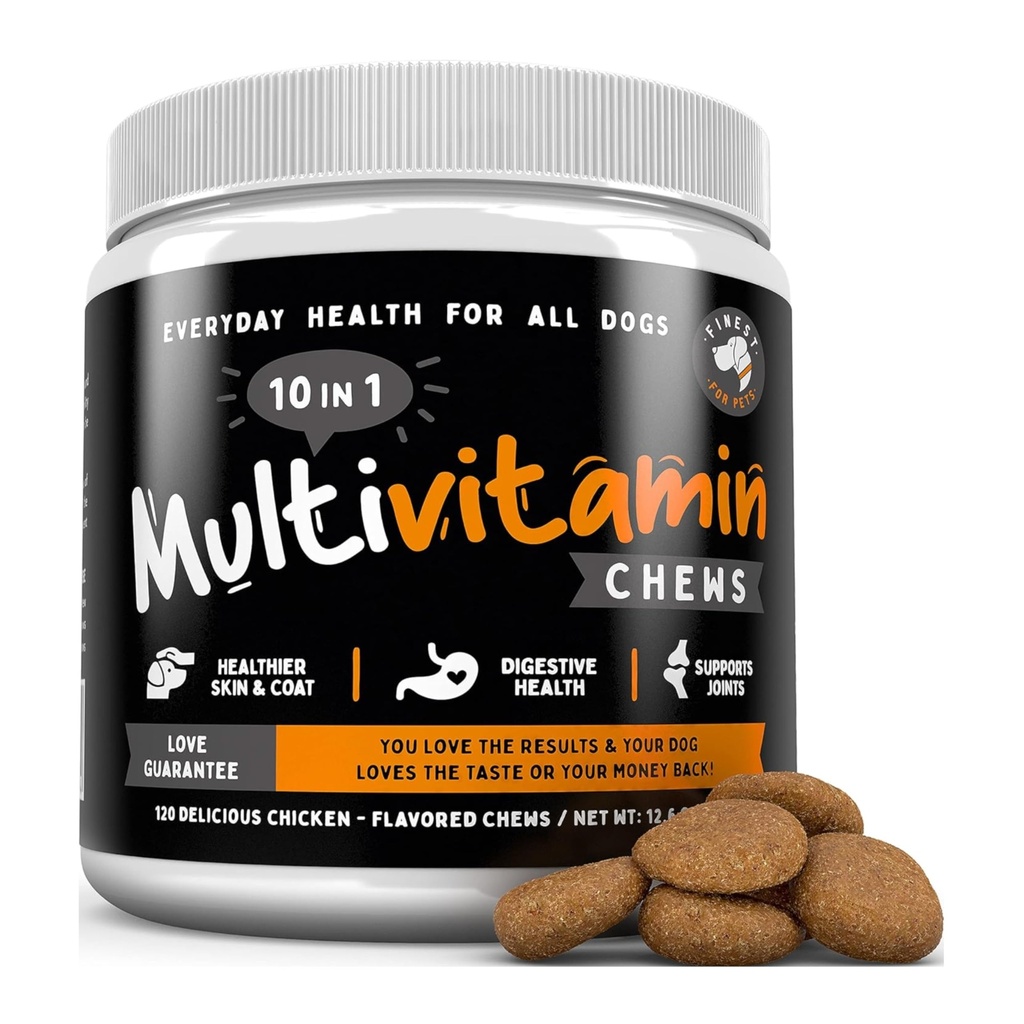 Finest for Pets Multivitamin Dog Supplement - 10 in 1 med Omega Fish Oil & Glucosamine för förbättrad gemensam & hudstöd, Gut, Digestion & Immune Everyday Health (120 Chewable Treats)
