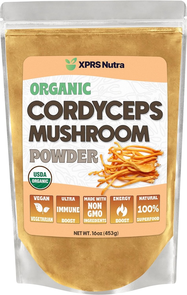 XPRS Nutra Organic Cordyceps Mushroom Powder - Premium Cordyceps Mushrooms - Real Mushrooms Cordyceps Powder Supplement for Energy and Immune Support - Vegan-Friendly Mushroom Cordyceps (16 oz)