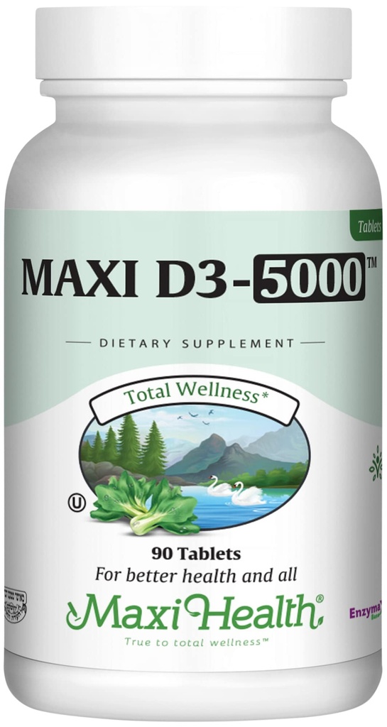 Maxi Health Vitamin D3 5000 IE (125 mcg) - Hög dos vitamin D 5000 IE - Hälsosamma ben, tänder, immunstöd - Kosher Pure High Potency Vit D3 (90 tabletter)