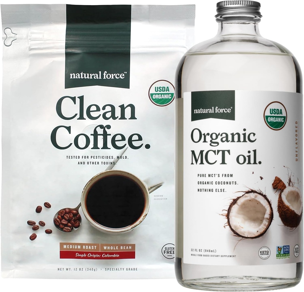 Natural Force Organic Clean Coffee + Organic MCT Oil Bundle - 100% Pure Coconut MCTs & Mold & Mycotoxin Free Coffee - Non-GMO, Keto, Paleo och Vegan - 12 Oz Bag och 32 Oz Glas flaska