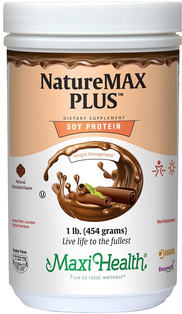 Maxi-Health NatureMAX Plus Energy Support Drink Soy Protein Powder - Sugar Free Diet Supplement - 20g Protein Per Servering - Naturlig Chokladsmak - Kosher Vitamin - 1lb