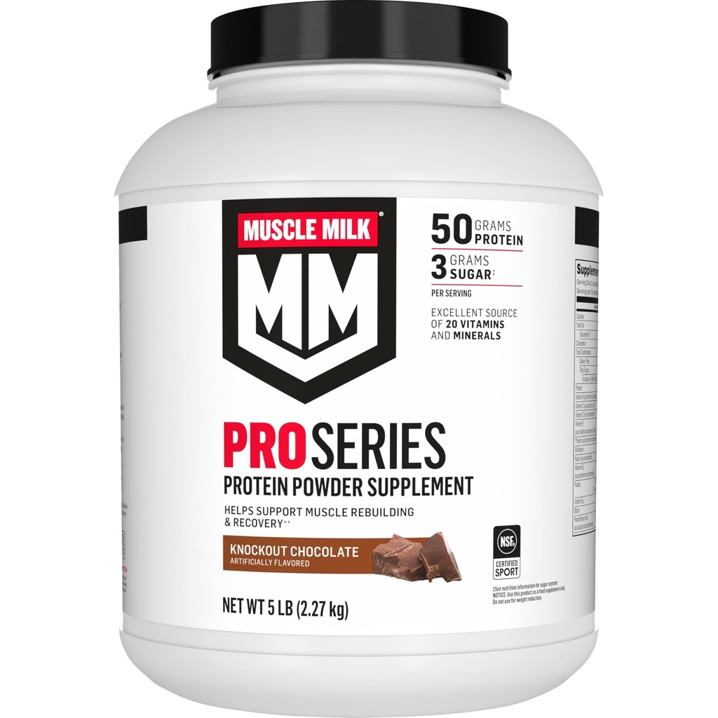Muscle Milk Pro Series Protein Powder Supplement, Knockout Chocolate, 5 pund, 28 portioner, 50g Protein, 3g Sugar, 20 vitaminer och mineraler, NSF Certified for Sport, Workout Recovery