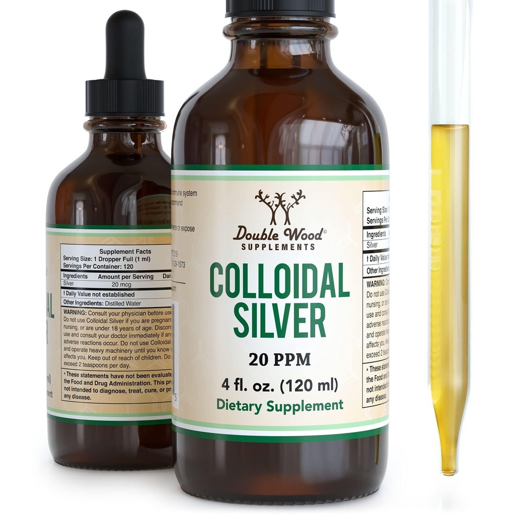Colloidal Silver Liquid 20 PPM - 4 Fl OZ (Plata Coloidal med Dropper) 99,9% Pure, Gluten Free, Non-GMO av Double Wood Supplements