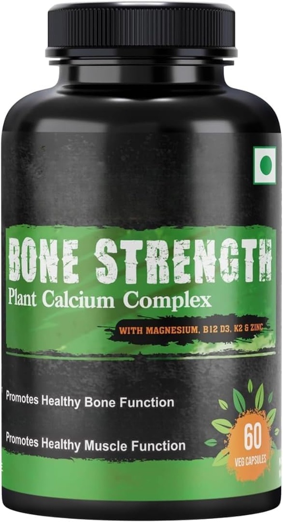 Eleven Zone Bone Strength - Plant-Based Calcium, Magnesium, Zinc, Vitamin D3, VIT B12, K2 - GMO, Soy, Gluten Free Ingredients - Whole Food Supplement for Bone Health - 60 Vegan Friendly Capsules