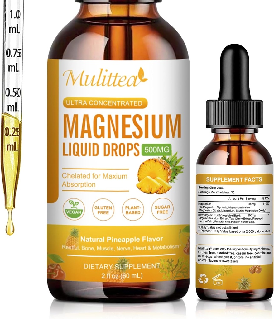 Magnesium Liquid Drops - Hög Absorption 5-i-1 Magnesium Komplex Supplement med Magnesium Glycinate, Malate, Citrat, Taurat - för ben, muskler, nerver och energi - Vegan, Sugar Free, 2 Fl.oz