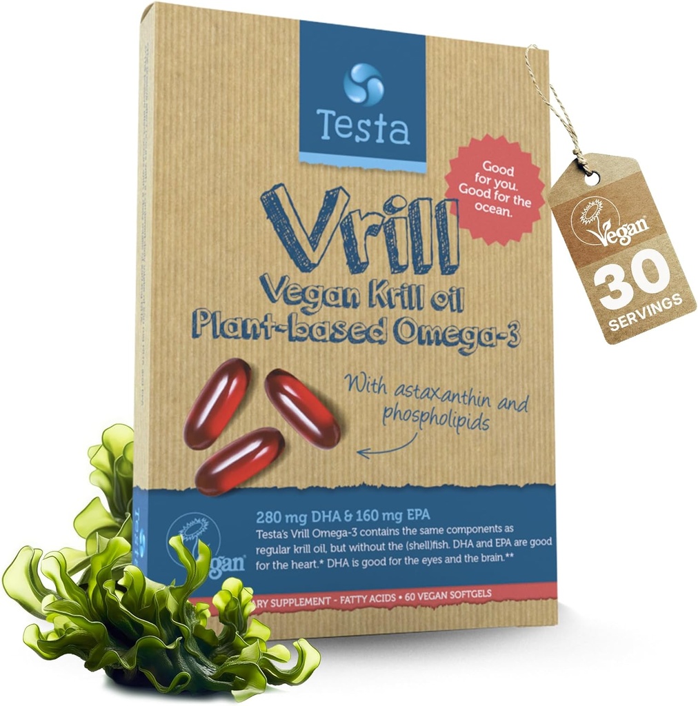 Testa Omega 3 Vegan Krill Supplement-1000mg Softgels, 2 gånger mer Omega-3, DHA, EPA, Astaxanthin, Fosfolipider - Hjärta, Hjärna, Öga, Gemensamt stöd - Inte från fisk, Alger Källa - 60 Softgels