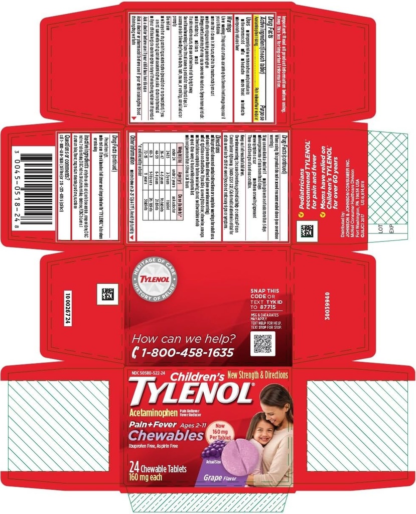 Tylenol Barns Smärta + Feber Tablets Grape smak - 24 ct, Pack 4