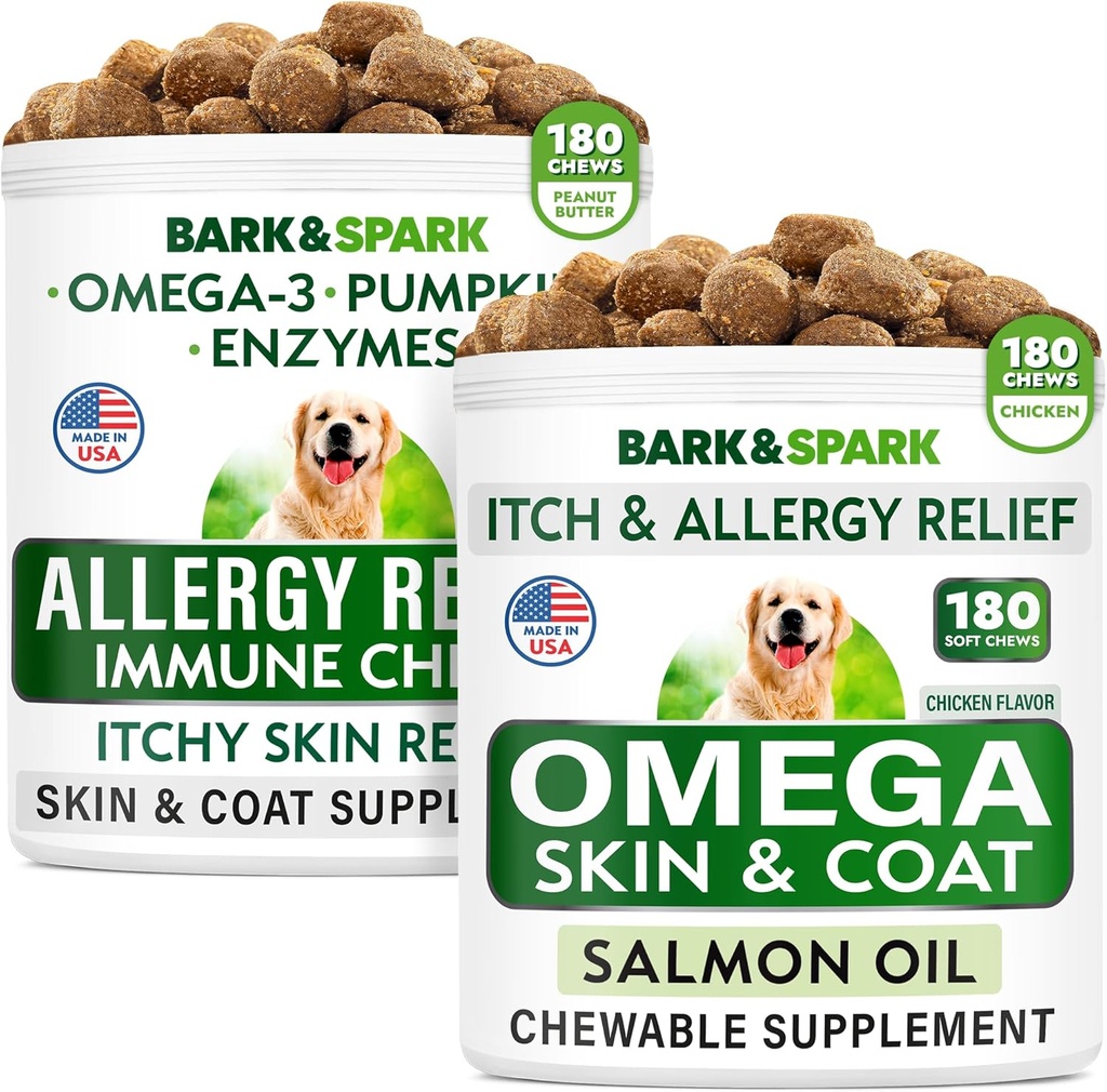 Allergy Relief + Omega 3 för hundar Bundle - Anti-Itch Skin & Coat + Skin Allergy - Omega 3 Fish Oil + EPA & DHA Fatty Acid - Itching & Paw Licking + Joint Health - 360 Chews - Made in USA