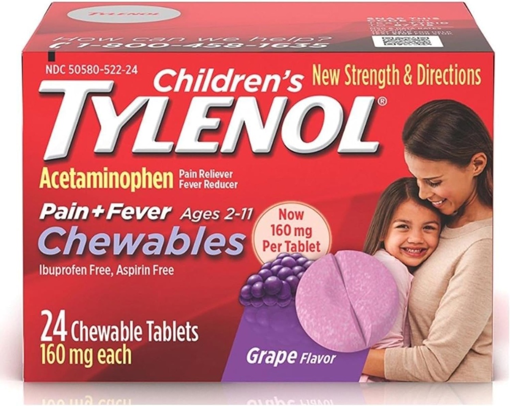 Tylenol Barns Smärta + Feber Tabletter 160 mg, Grape Flavor 24 ea (3 Pack)