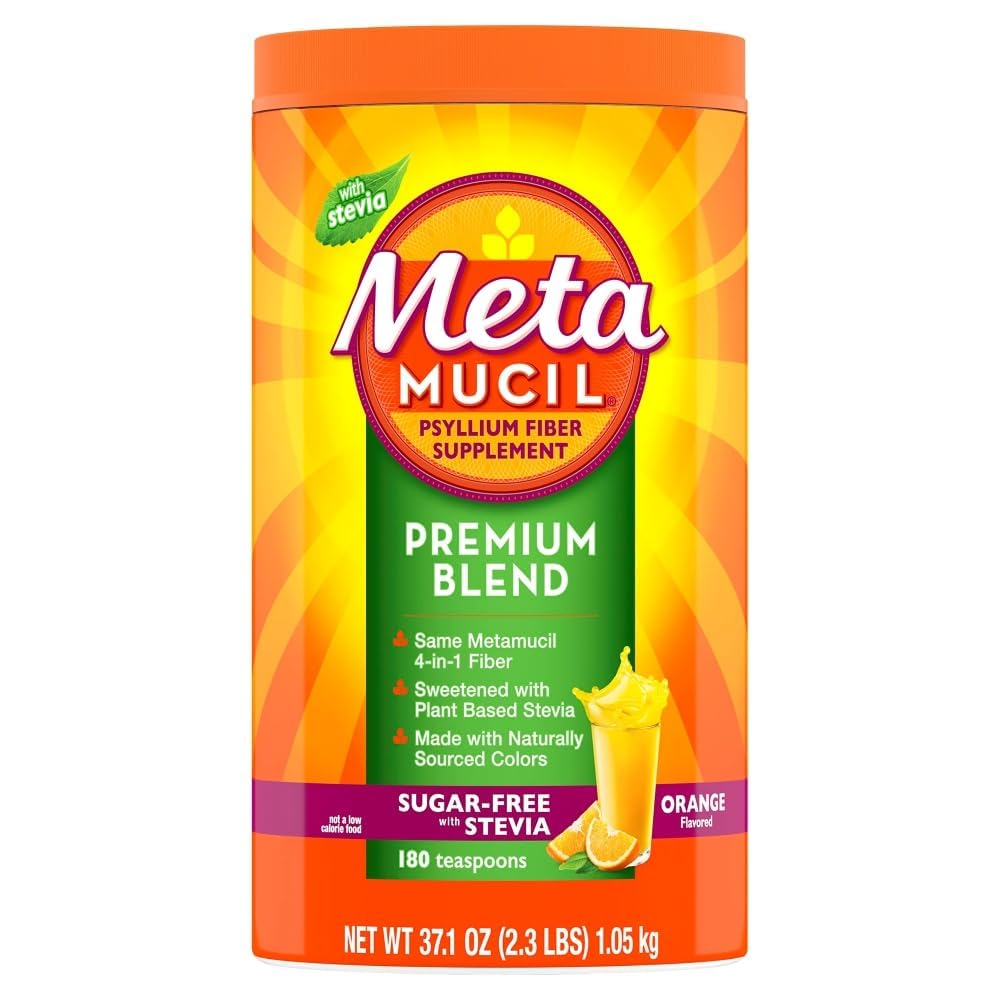 Metamucil Premium Blend, 4-i-1 Fiber Supplement för Digestive Health, Psyllium Husk Fiber Powder, Sugar-Free med Stevia, Plant-Based Fiber Supplement, Orange smaksatt, 180 teskedar