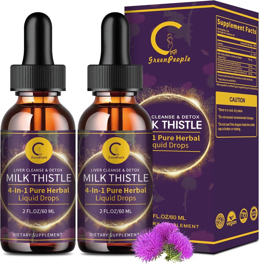 (2 Pack) Milk Thistle Liquid Drops for Liver Cleanse Detox & Repair, Milk Thistle Supplement med Dandelion Root, Artichoke & Turmeric för Liver Support och Immune Health, Vegan, Non-GMO, 4 FL OZ