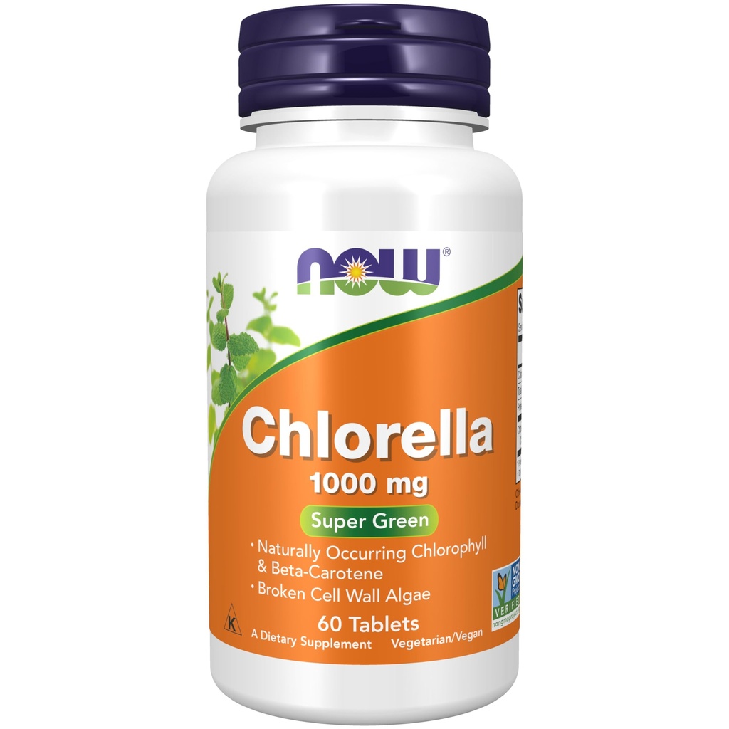 Nu livsmedelstillskott, Chlorella 1000 mg med naturligt förekommande klorofyll, Beta-Carotene, blandade karotenoider, vitamin C, järn och protein, 60 tabletter